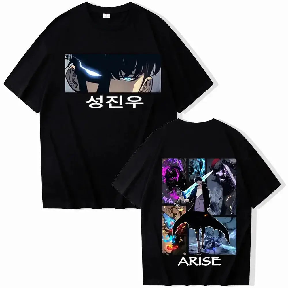 Infinite Visibility Solo Leveling T-Shirt 2025 Hot Anime Harajuku Tee featuring bold graphic design on a casual black T-shirt.
