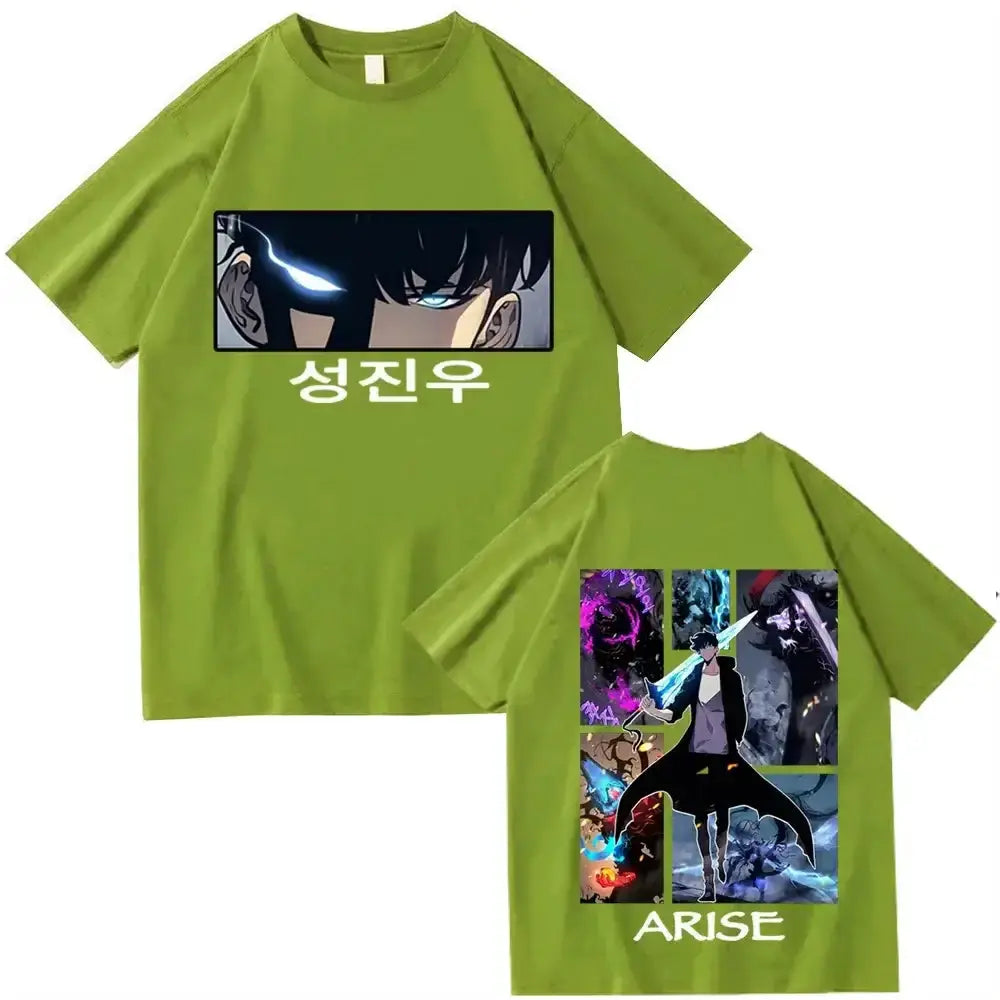 Black Solo Leveling T-shirt by Infinite Visibility featuring anime-inspired design, perfect for Harajuku streetwear fashion.