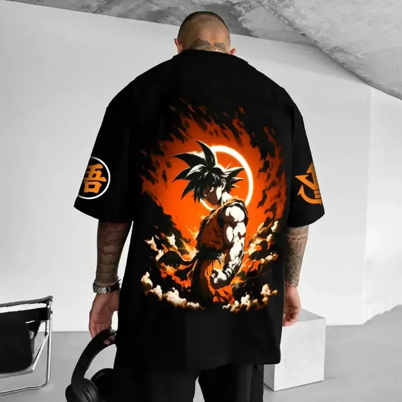 Black Dragon Ball Goku T-Shirt featuring classic hot blood anime portrait, Infinite Visibility brand, casual style for anime fans.
