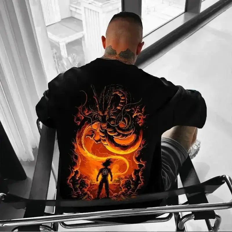 Black Dragon Ball Goku T-Shirt featuring a classic hot blood anime portrait, made by Infinite Visibility.