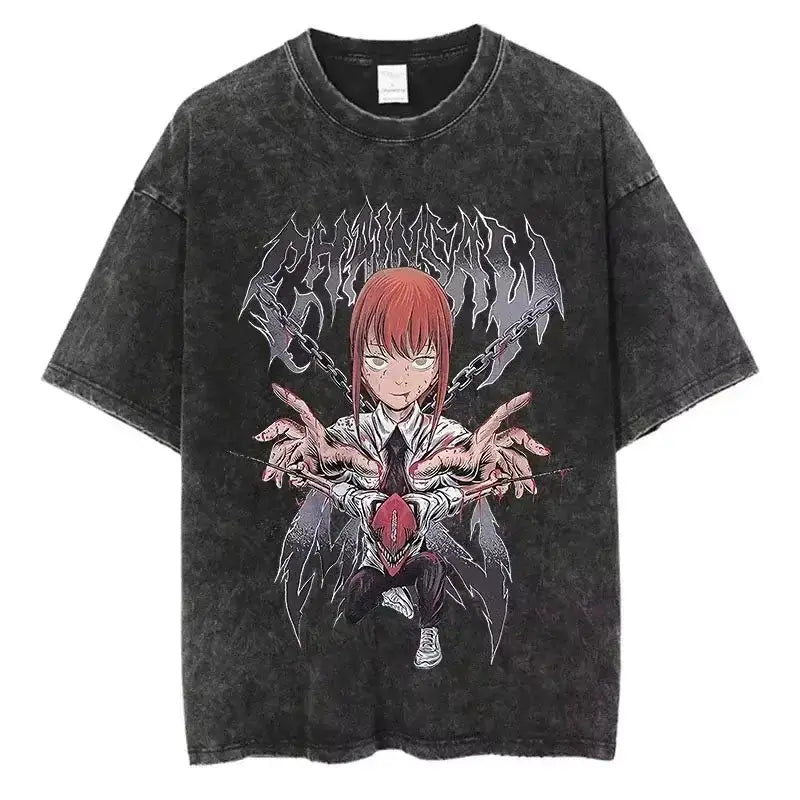 Vintage Chainsaw Man T-shirt by Infinite Visibility, washed cotton tee featuring detailed graphic design on the front.