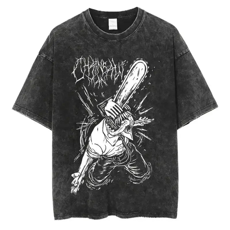 Vintage Chainsaw Man T-shirt by Infinite Visibility featuring washed cotton fabric and detailed character print.