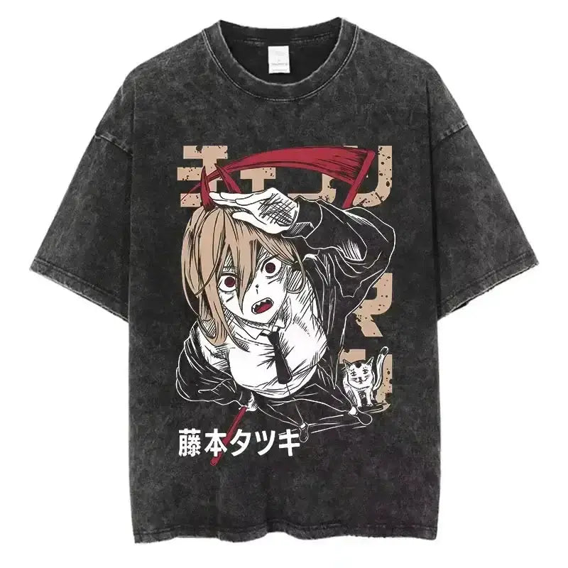 Vintage Chainsaw Man T-shirt by Infinite Visibility, washed cotton tee with character graphic, casual streetwear style.