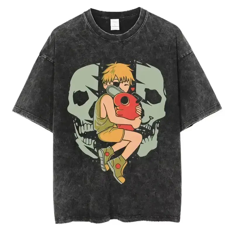 Vintage Chainsaw Man T-shirt by Infinite Visibility, washed cotton tee featuring detailed graphic design and comfortable fit.