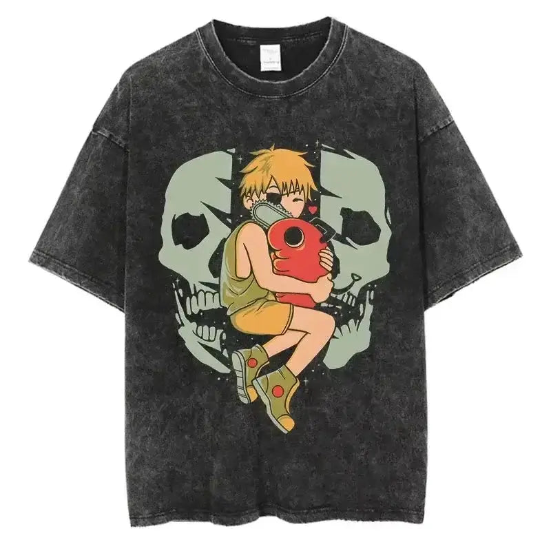 Vintage Chainsaw Man T-shirt by Infinite Visibility, washed cotton tee featuring detailed graphic print of the popular manga character.