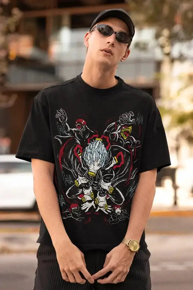 Black Tomura Shigaraki Villain League graphic T-shirt by Infinite Visibility, featuring a bold character print on the front.