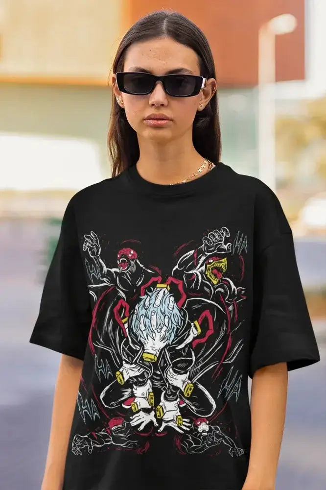 Black Tomura Shigaraki Villain League graphic T-shirt by Infinite Visibility, featuring detailed character artwork on the front.