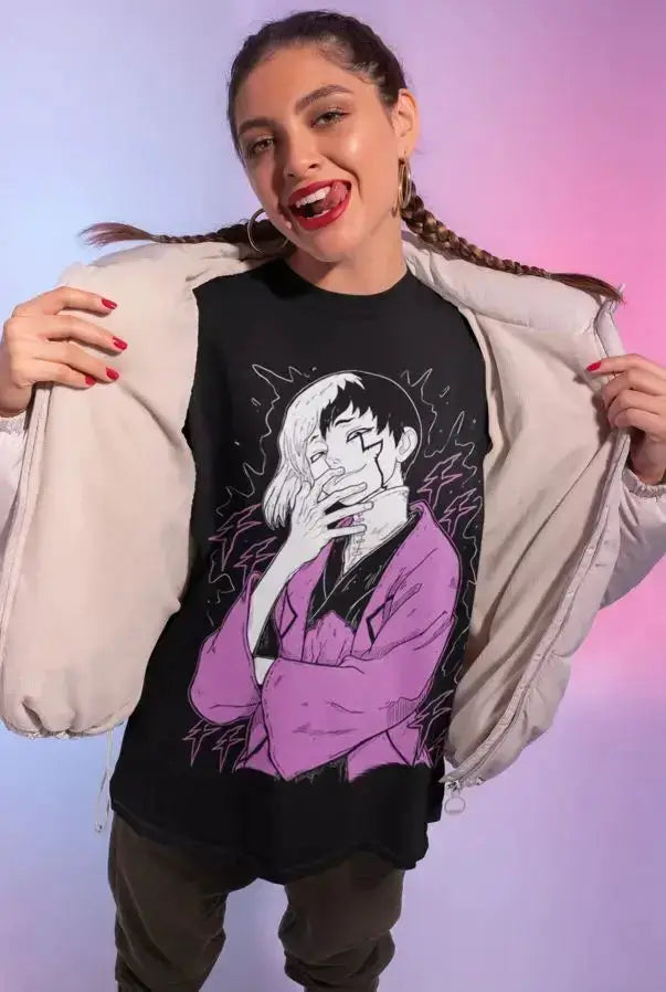 Black Gen Asagiri T-Shirt from Dr. Stone by Infinite Visibility, featuring character design, available in all sizes.
