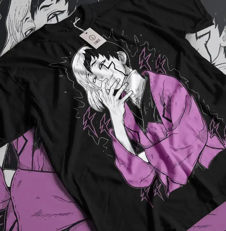 Black Gen Asagiri T-Shirt from Dr. Stone by Infinite Visibility, displayed in all sizes, featuring a comfortable fit and graphic design.