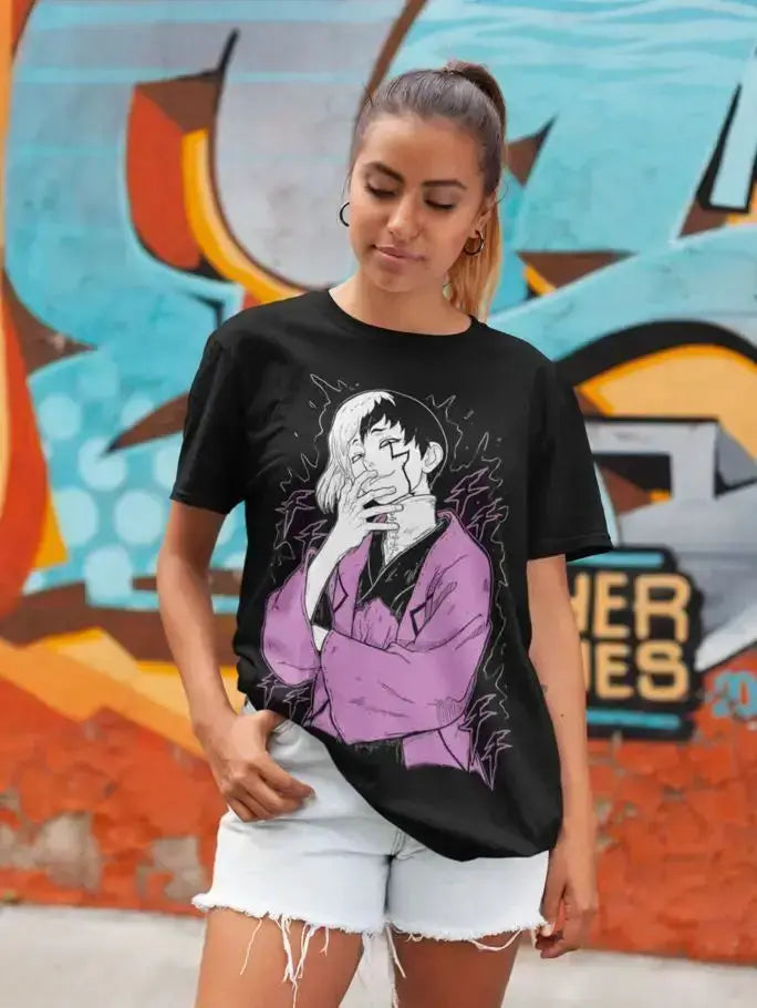 Black Gen Asagiri T-Shirt from Dr. Stone by Infinite Visibility, featuring character print, available in all sizes.