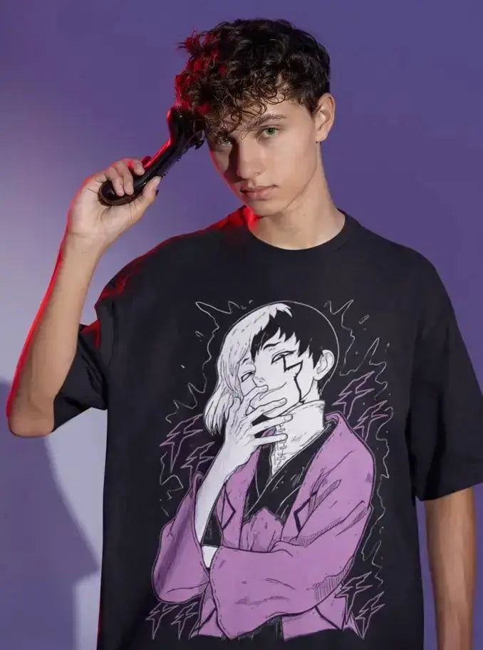 Black Gen Asagiri T-Shirt from Dr. Stone by Infinite Visibility, displaying a front view of the shirt in all sizes.