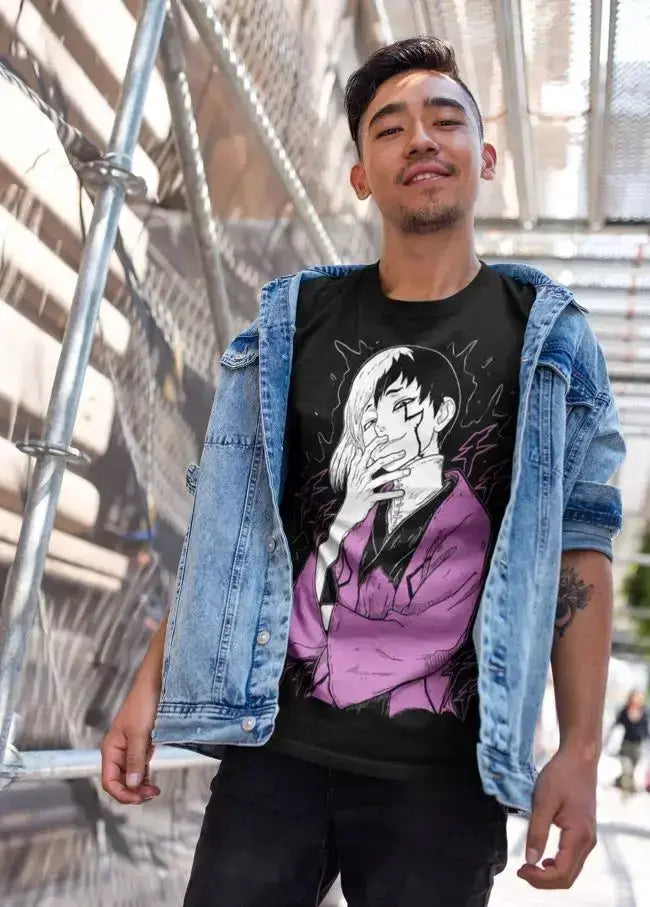 Black Dr. Stone Gen Asagiri T-Shirt by Infinite Visibility, featuring character print, available in all sizes.