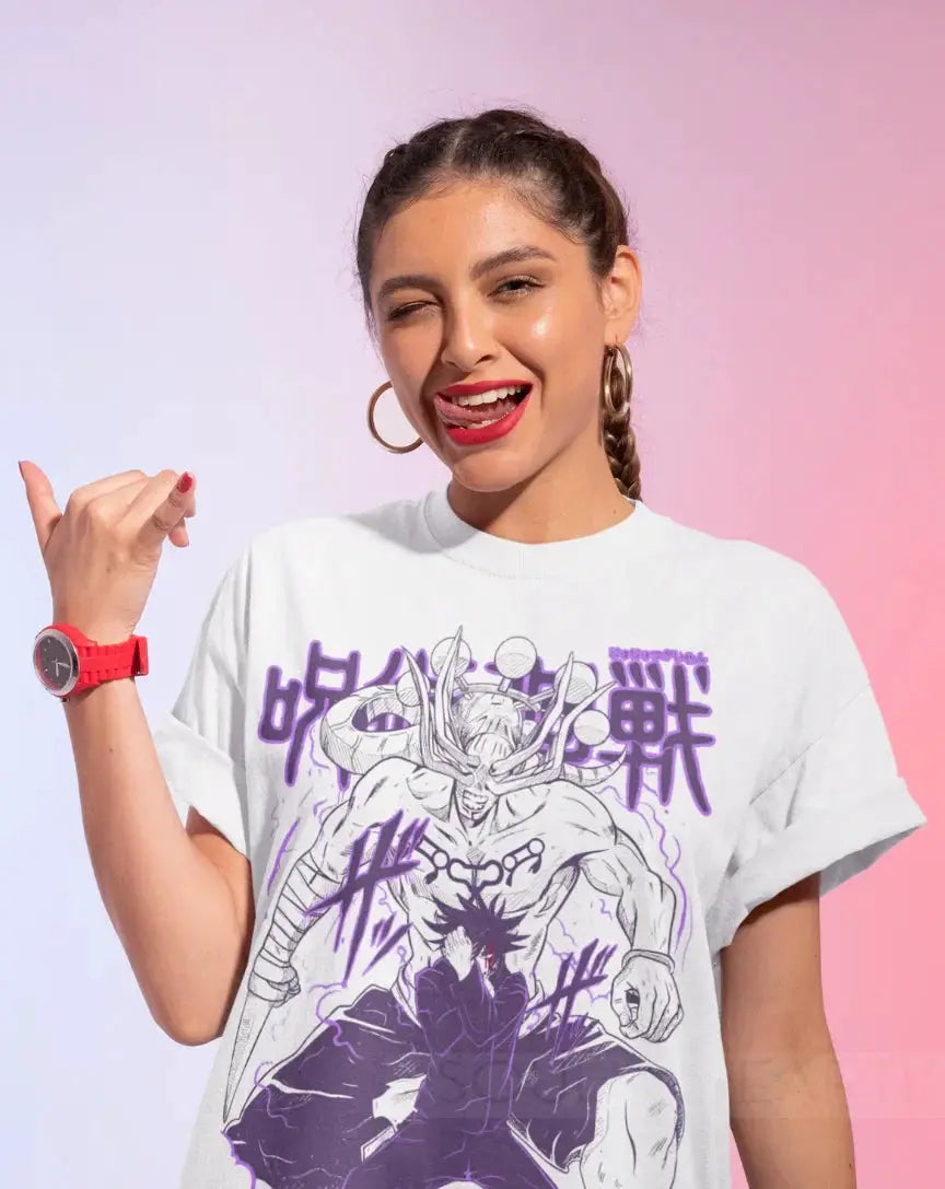 Black Megumi Fushiguro T-shirt from Jujutsu Kaisen featuring his character illustration, made by Infinite Visibility.