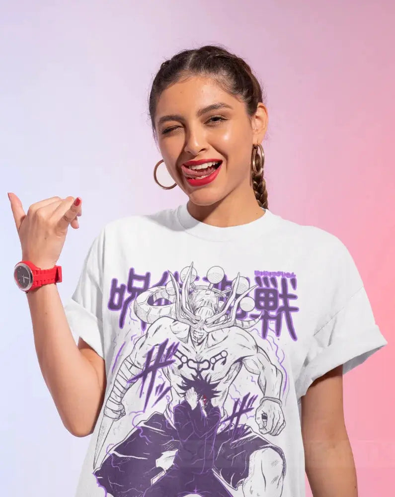 Black Megumi Fushiguro T-shirt from Jujutsu Kaisen with graphic print, soft fabric, and comfortable fit.