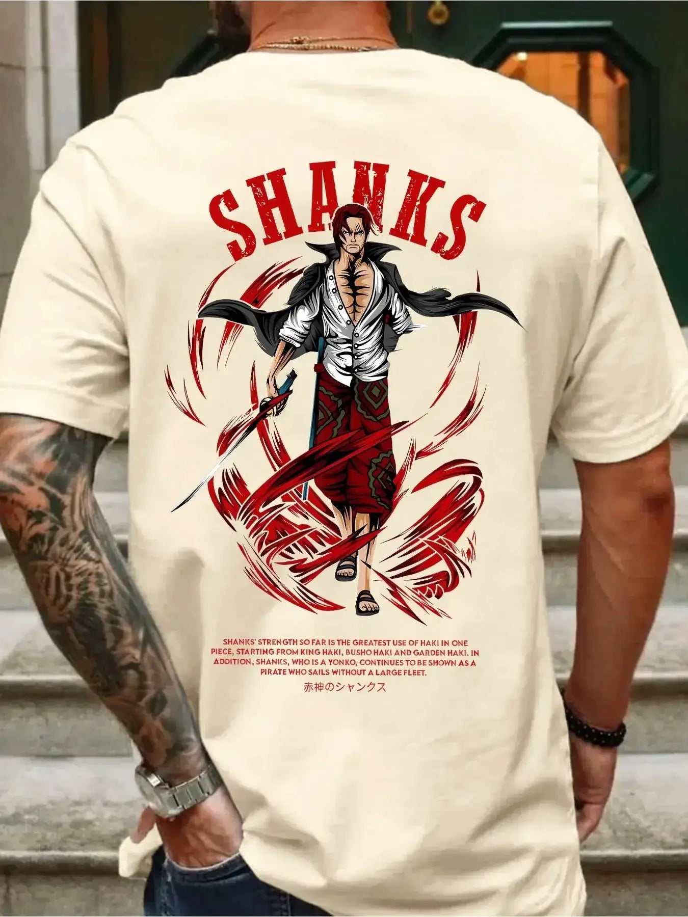White oversized cotton T-shirt featuring a colorful Shanks summer design from Infinite Visibility, casual fit, and graphic print.