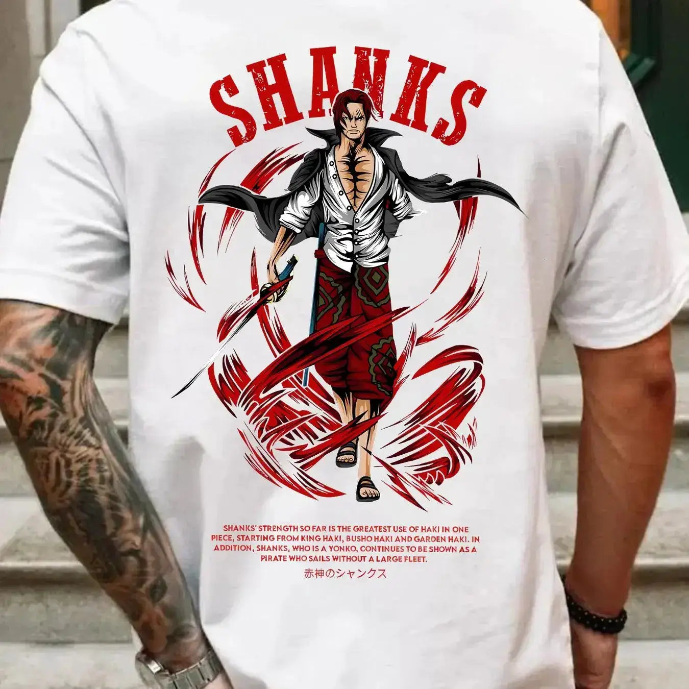 Infinite Visibility One Piece Shanks Summer T-shirt, retro oversized cotton, featuring colorful Shanks design on front.