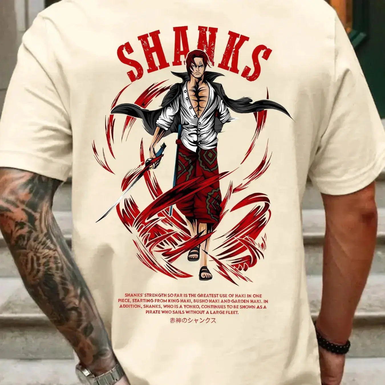 Oversized white cotton T-shirt featuring Shanks from One Piece, with retro summer design by Infinite Visibility.