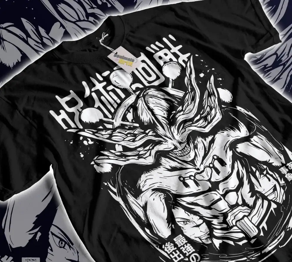 Infinite Visibility Mahoraga T-shirt featuring Jujutsu Kaisen characters Gojo and Megumi, soft cotton fabric, vibrant design.