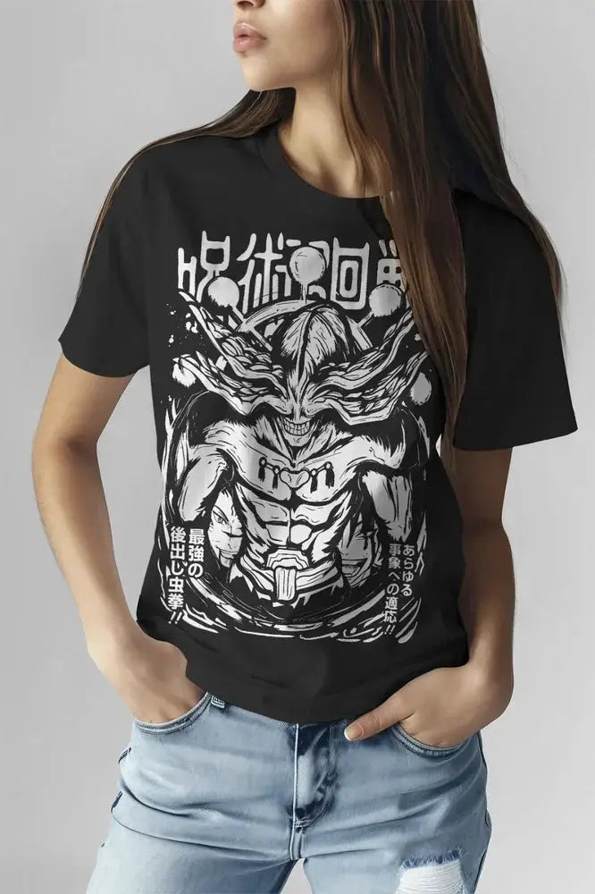 Infinite Visibility Mahoraga T-shirt featuring Gojo and Megumi from Jujutsu Kaisen, soft cotton tee with detailed character print.