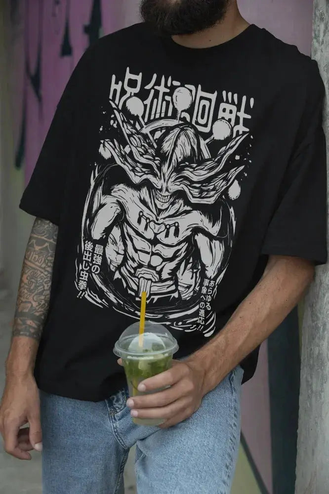 Infinite Visibility Mahoraga T-shirt featuring Jujutsu Kaisen characters Gojo and Megumi, soft cotton fabric, vibrant printed design
