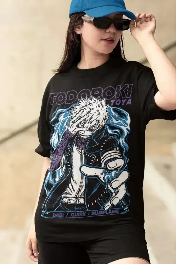 Black Dabi T-Shirt from Infinite Visibility featuring Toya Todoroki from Boku No Hero anime, casual short-sleeve top.