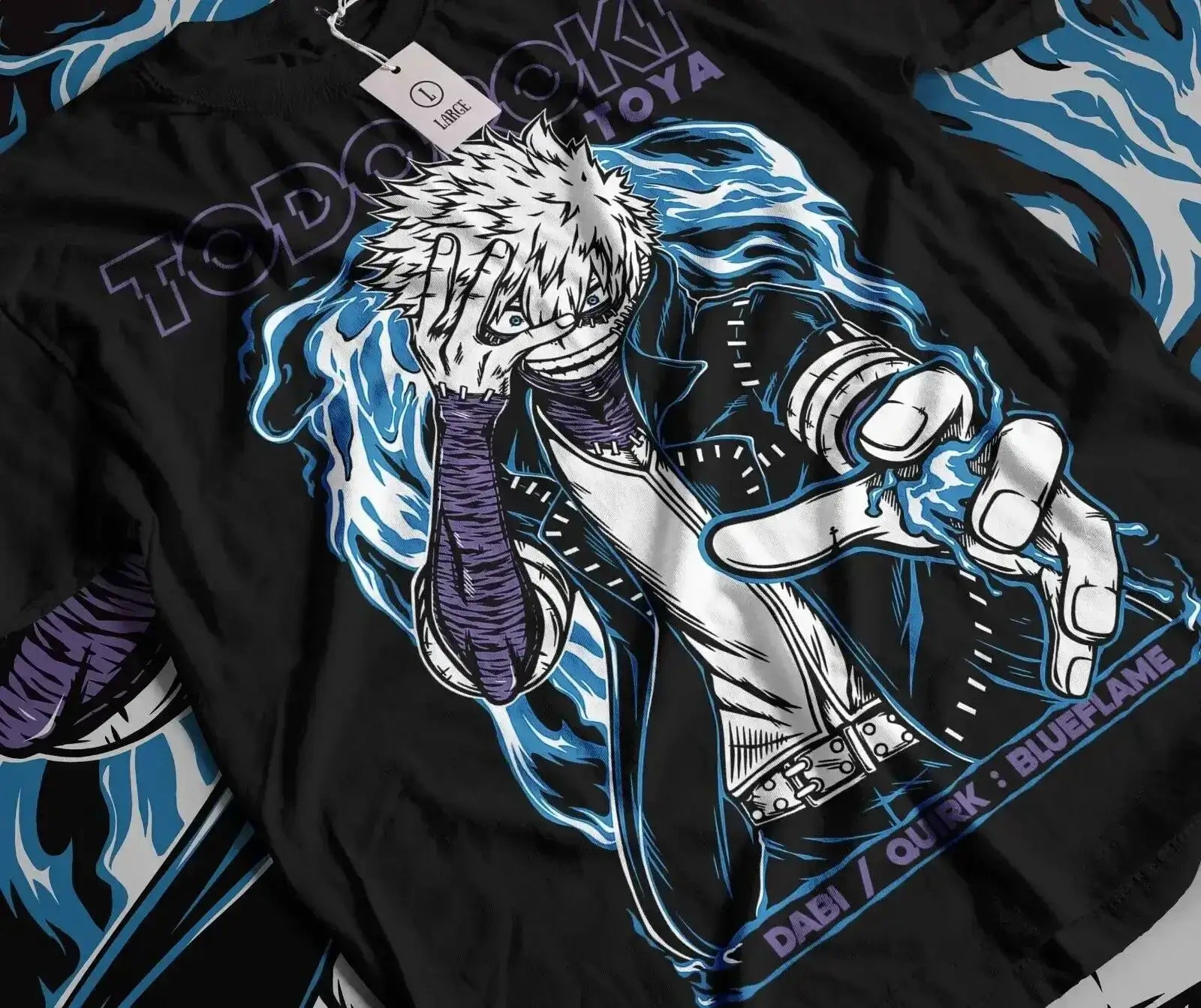 Black Dabi T-Shirt featuring Toya Todoroki from Boku No Hero anime, made by Infinite Visibility, displayed flat.