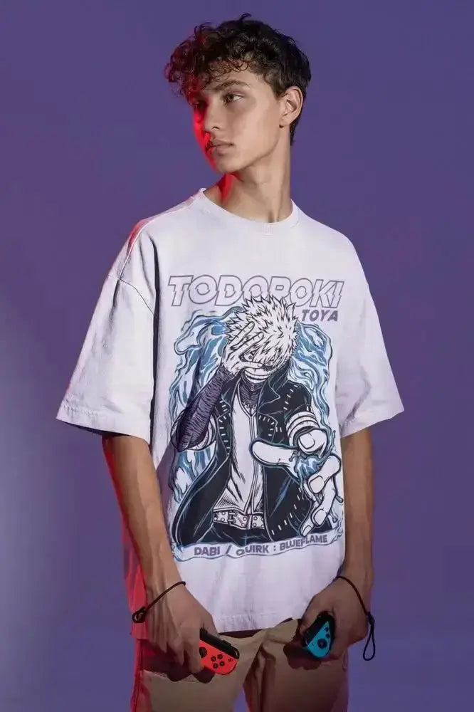 Black Dabi T-Shirt from Infinite Visibility featuring Toya Todoroki from Boku No Hero anime, casual top with graphic design.
