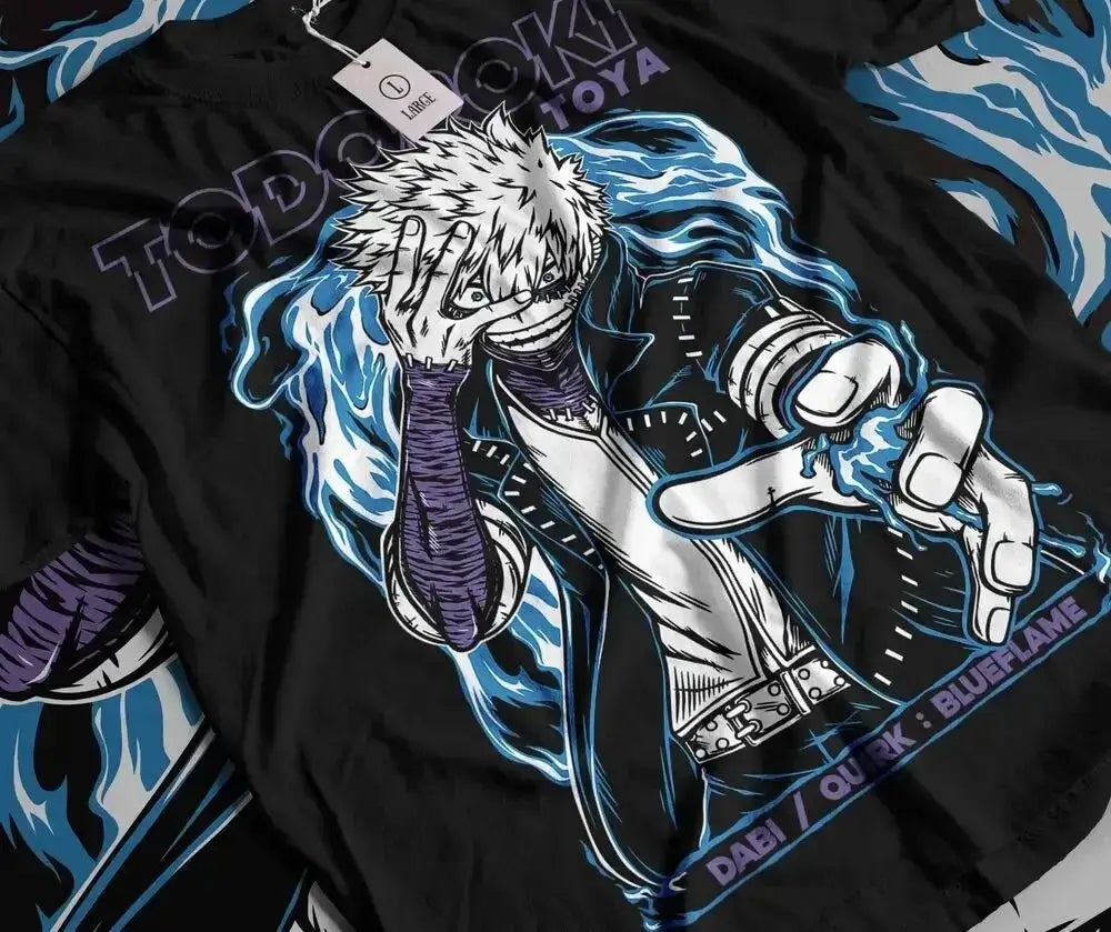 Black Dabi T-Shirt featuring Toya Todoroki from Boku No Hero anime, made by Infinite Visibility, shown on a flat lay.