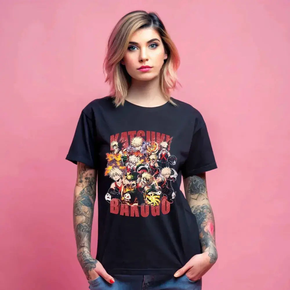 Black Katsuki Bakugo T-shirt from Infinite Visibility featuring manga hero anime design, perfect for My Hero Academia fans.
