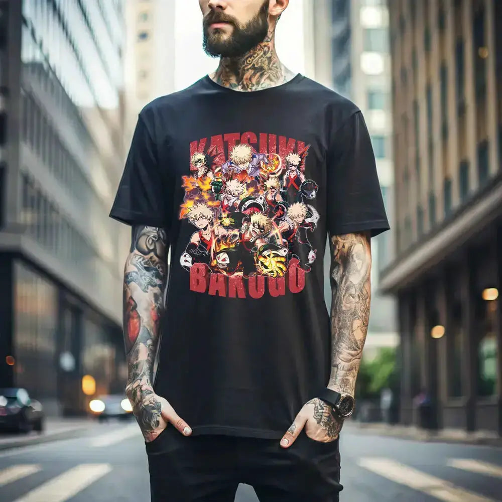 Black Katsuki Bakugo T-shirt from Infinite Visibility featuring manga hero anime design, perfect for My Hero Academia fans.