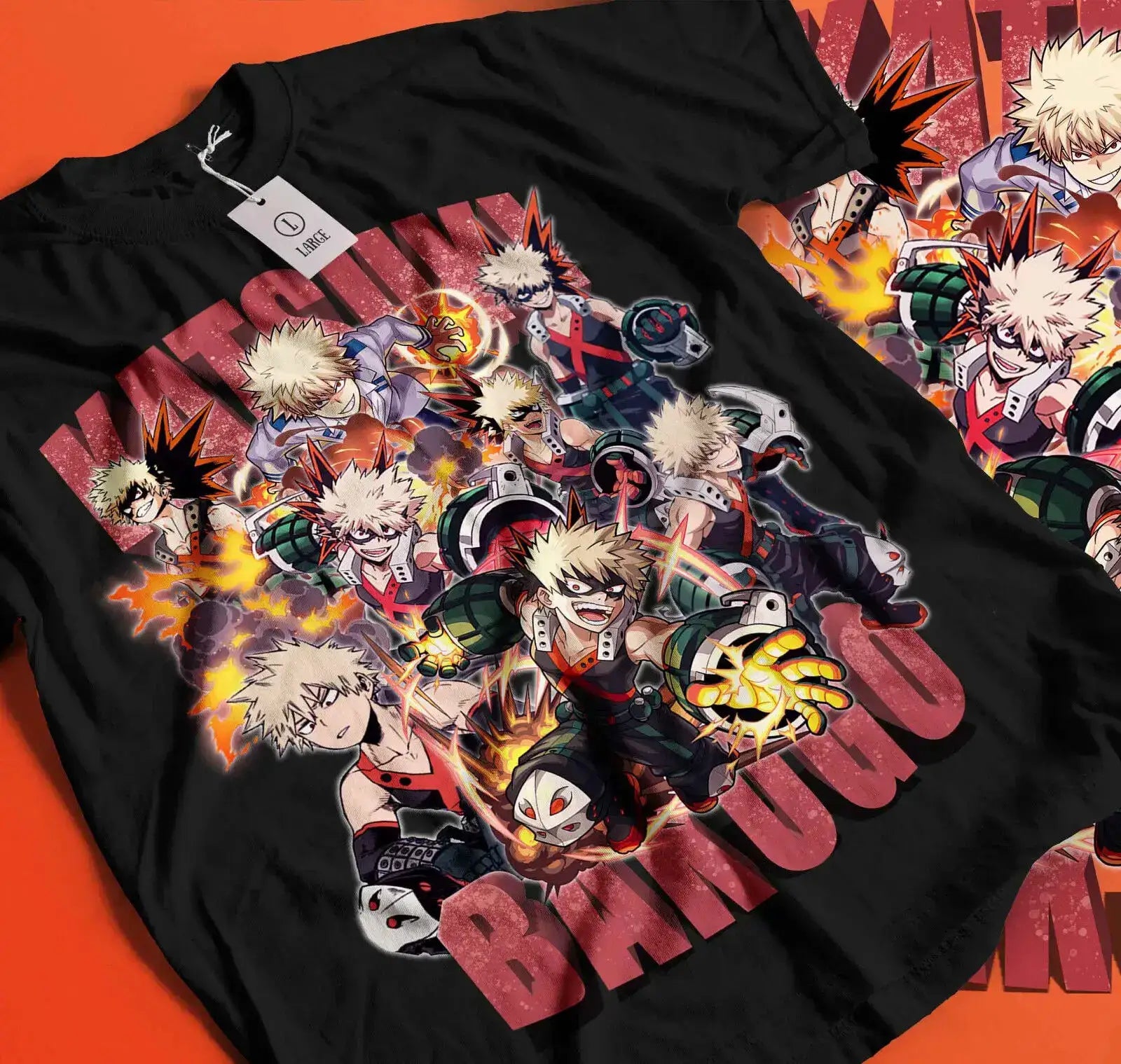 Black Katsuki Bakugo T-Shirt from Infinite Visibility featuring manga-inspired hero design, ideal for My Hero Academia anime fans.