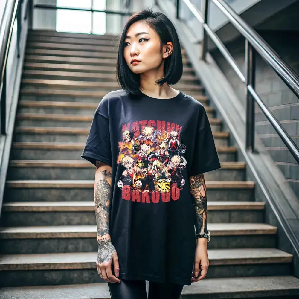 Black Katsuki Bakugo T-Shirt from Infinite Visibility featuring anime hero design, perfect for My Hero Academia manga fans.