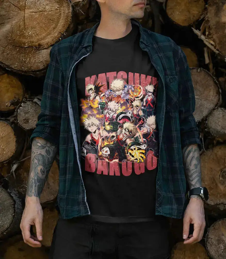 Black Katsuki Bakugo T-shirt from Infinite Visibility featuring manga-inspired hero design, perfect for anime fans.