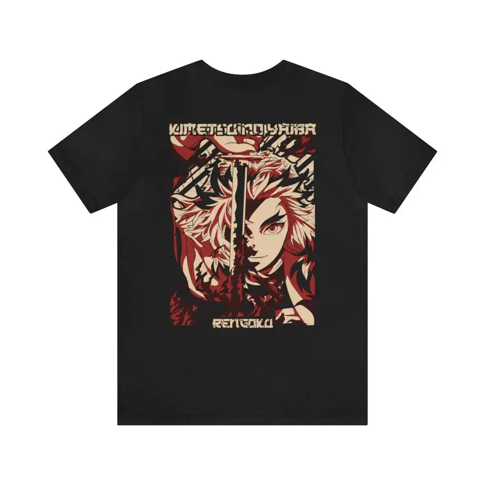 Rengoku Flame Hashira Demon Slayer graphic T-shirt by Infinite Visibility, featuring a bold fiery design on a black shirt.