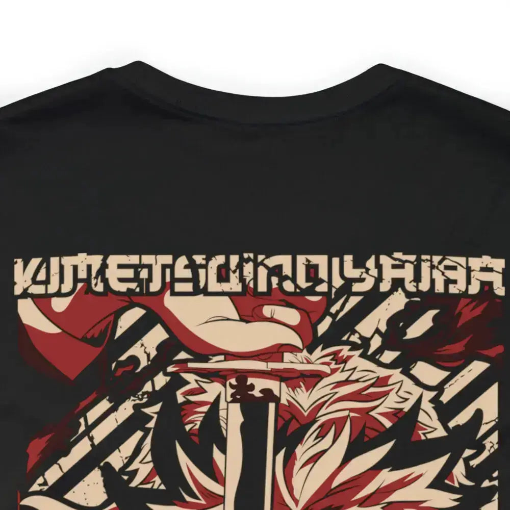 Black T-shirt featuring Rengoku Flame Hashira graphic from Demon Slayer, with vibrant flame design and character artwork.