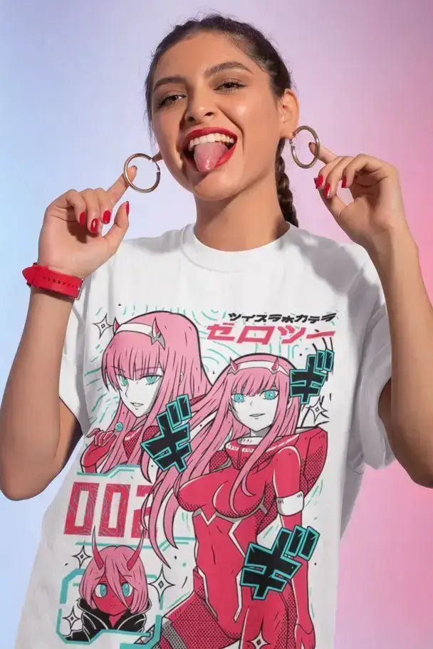 Unisex Zero Two T-shirt by Infinite Visibility featuring kawaii vaporwave anime aesthetic with colorful, vibrant design.