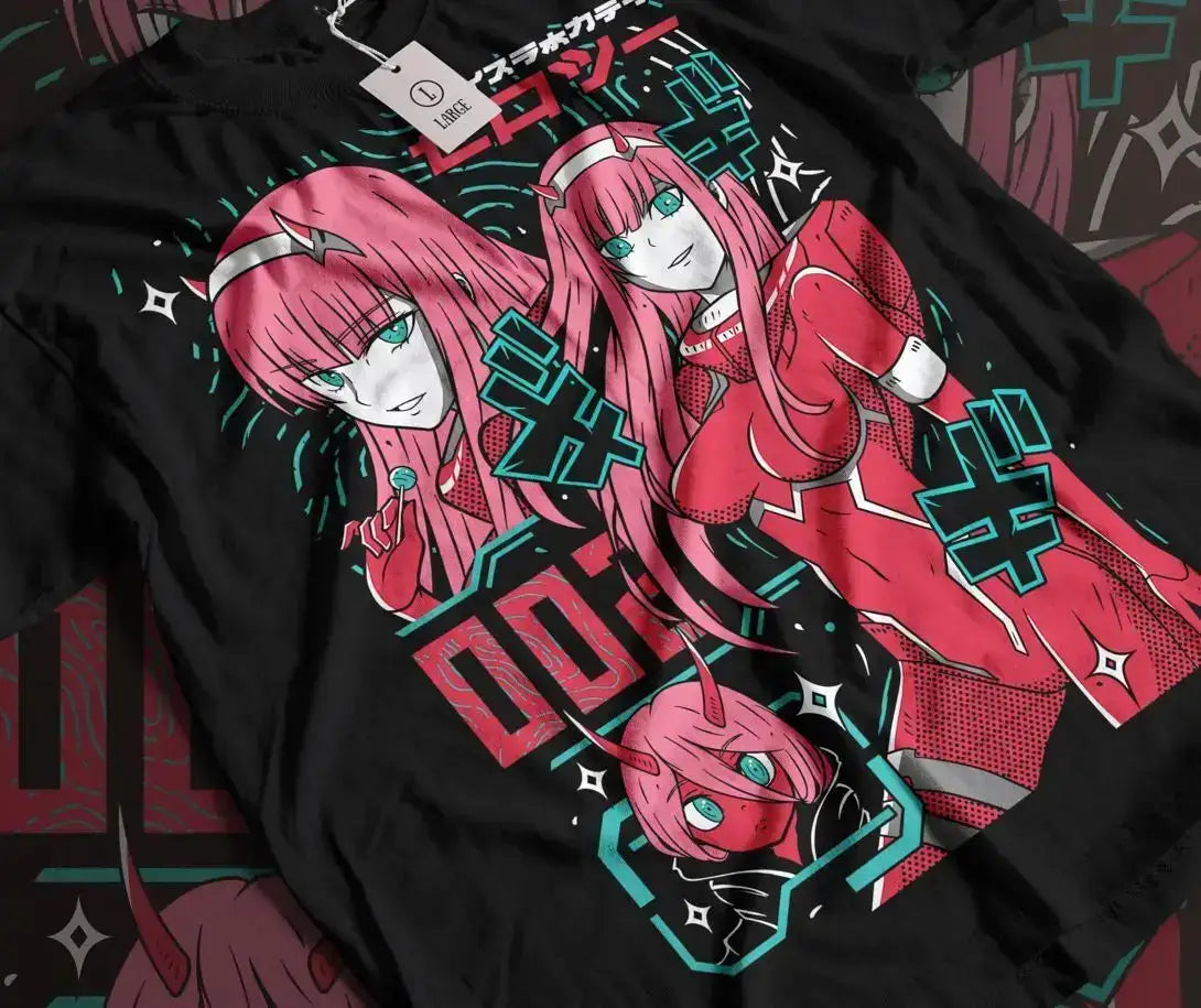 Unisex Zero Two T-Shirt featuring kawaii vaporwave anime aesthetic with colorful, vibrant design on soft fabric.