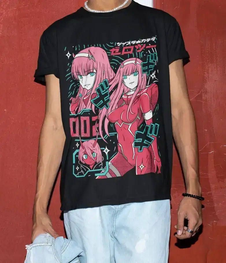 Unisex Zero Two T-shirt by Infinite Visibility featuring kawaii vaporwave anime aesthetic design on a soft fabric T-shirt.