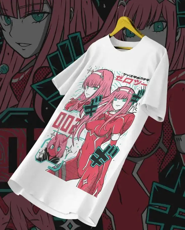 Unisex Zero Two T-Shirt by Infinite Visibility featuring kawaii vaporwave anime aesthetic with vibrant colors and bold design.