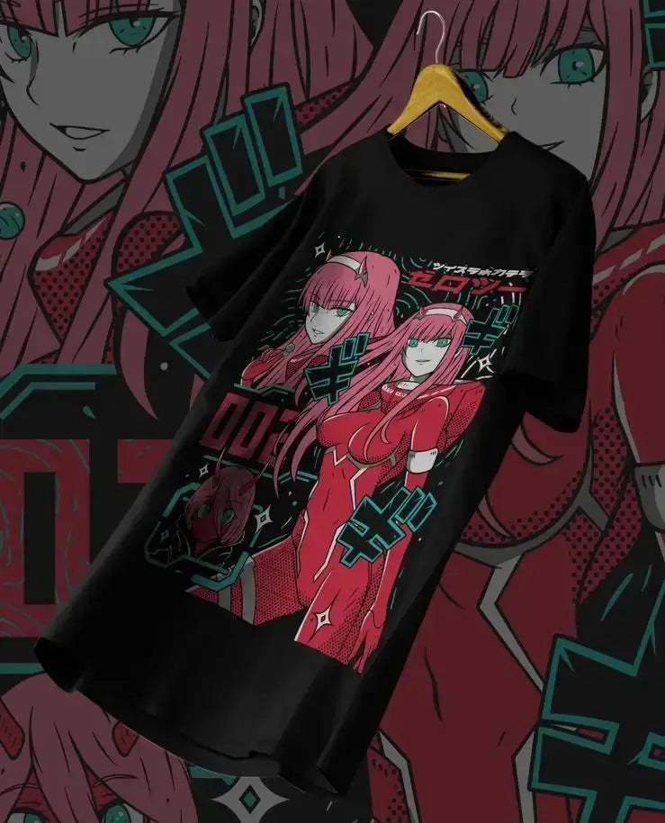 Unisex Zero Two T-Shirt featuring kawaii vaporwave anime aesthetic with vibrant colors and graphic print by Infinite Visibility.