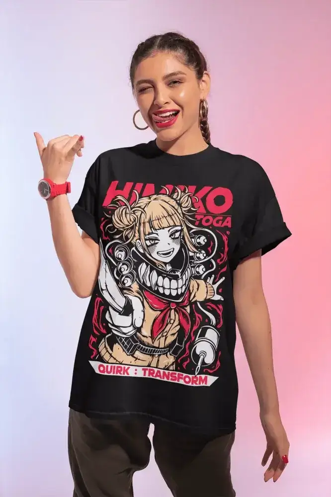 Kawaii Himiko Toga T-Shirt from Infinite Visibility featuring anime villain design, soft fabric, and vibrant colors.