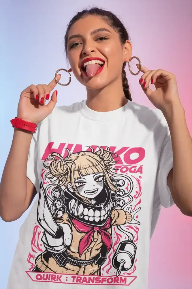 Kawaii Himiko Toga T-Shirt from My Hero Academia featuring anime villain design, Infinite Visibility brand, casual fit, vibrant artwork.