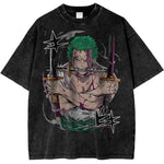 Roronoa Zoro T-Shirt from One Piece anime featuring Zoro's portrait and logo, in a retro anime style, by Infinite Visibility.
