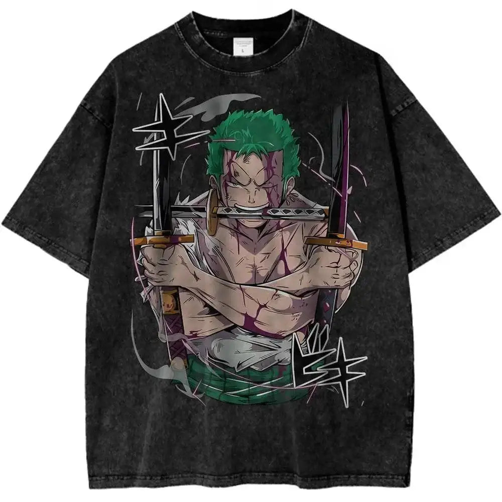 Roronoa Zoro T-Shirt from One Piece anime featuring Zoro's portrait and logo, in a retro anime style, by Infinite Visibility.