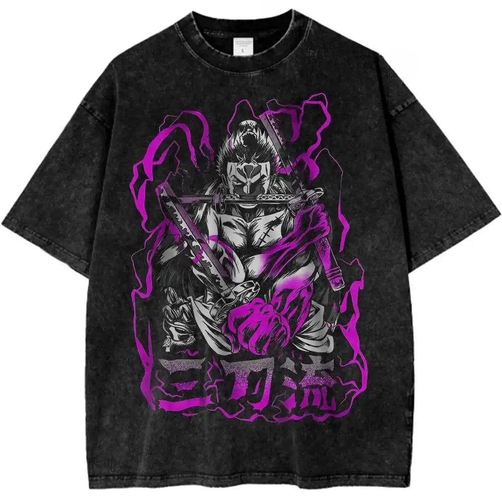 Roronoa Zoro anime T-shirt from One Piece with retro design, in black with colorful Zoro illustration, by Infinite Visibility.