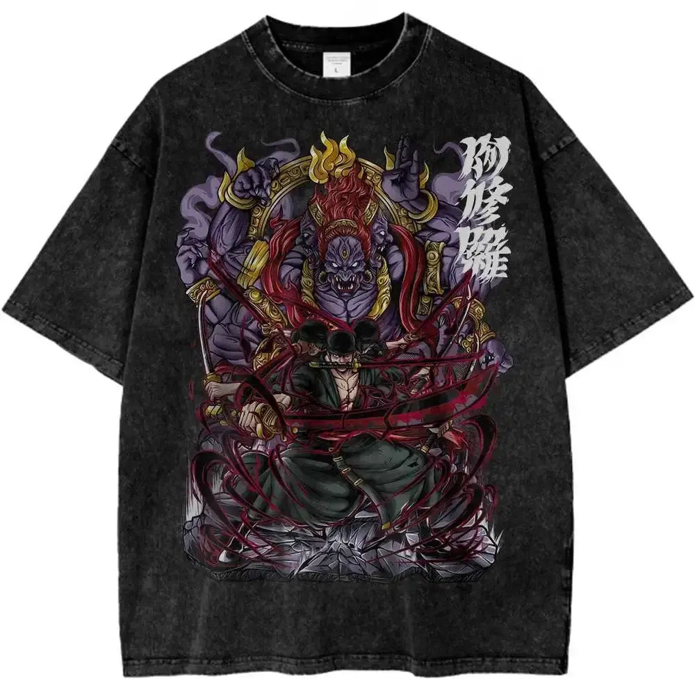Roronoa Zoro anime T-shirt from One Piece featuring retro design, black short sleeve shirt with Zoro graphic by Infinite Visibility.