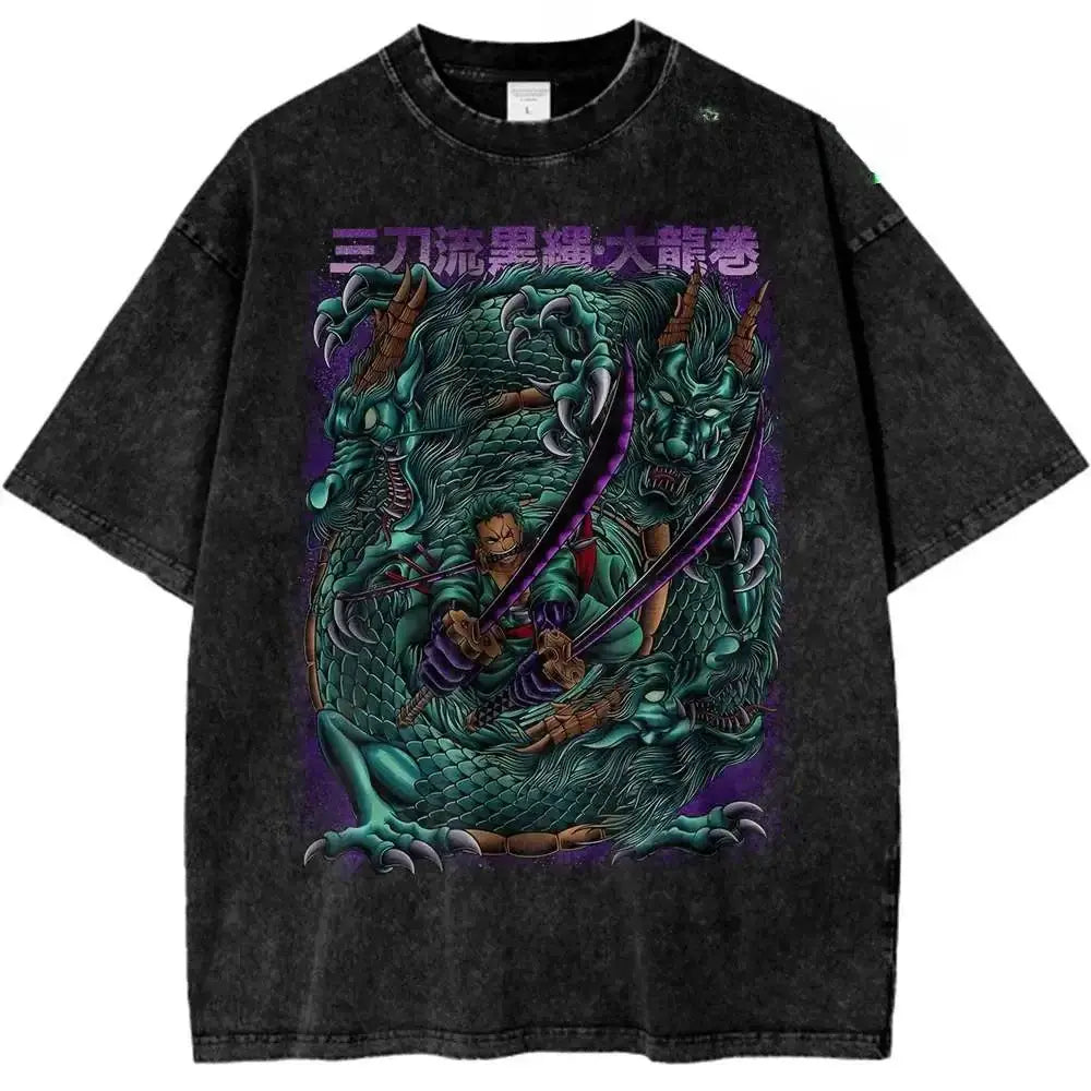 Roronoa Zoro anime T-Shirt from One Piece with retro design, featuring Zoro's character graphic on a casual black T-shirt.