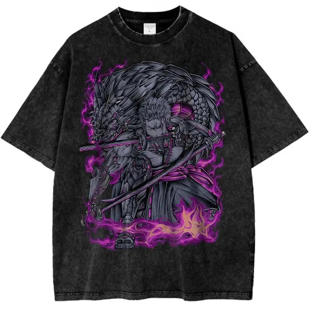 Roronoa Zoro themed retro anime T-shirt by Infinite Visibility, featuring Zoro's sword and emblem on a casual black shirt.
