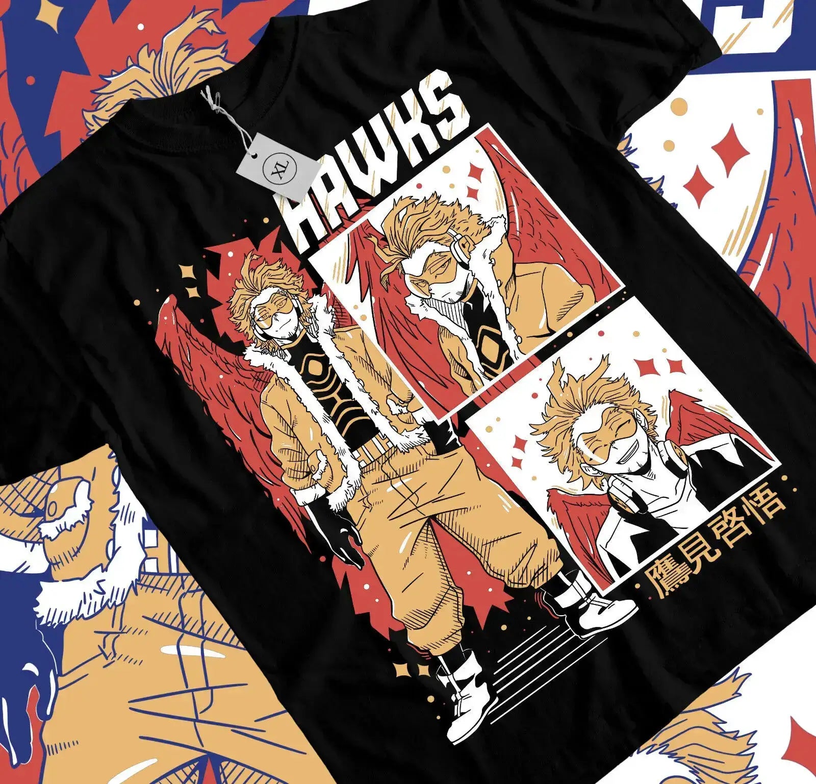 Black Wing Hero Hawks T-Shirt featuring Keigo Takami from anime manga, by Infinite Visibility, shown on a model.