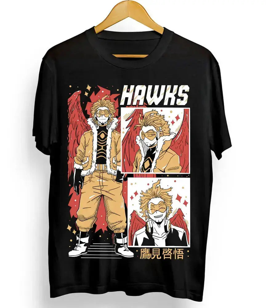 Black Wing Hero Hawks T-Shirt featuring Keigo Takami from anime manga, designed by Infinite Visibility.